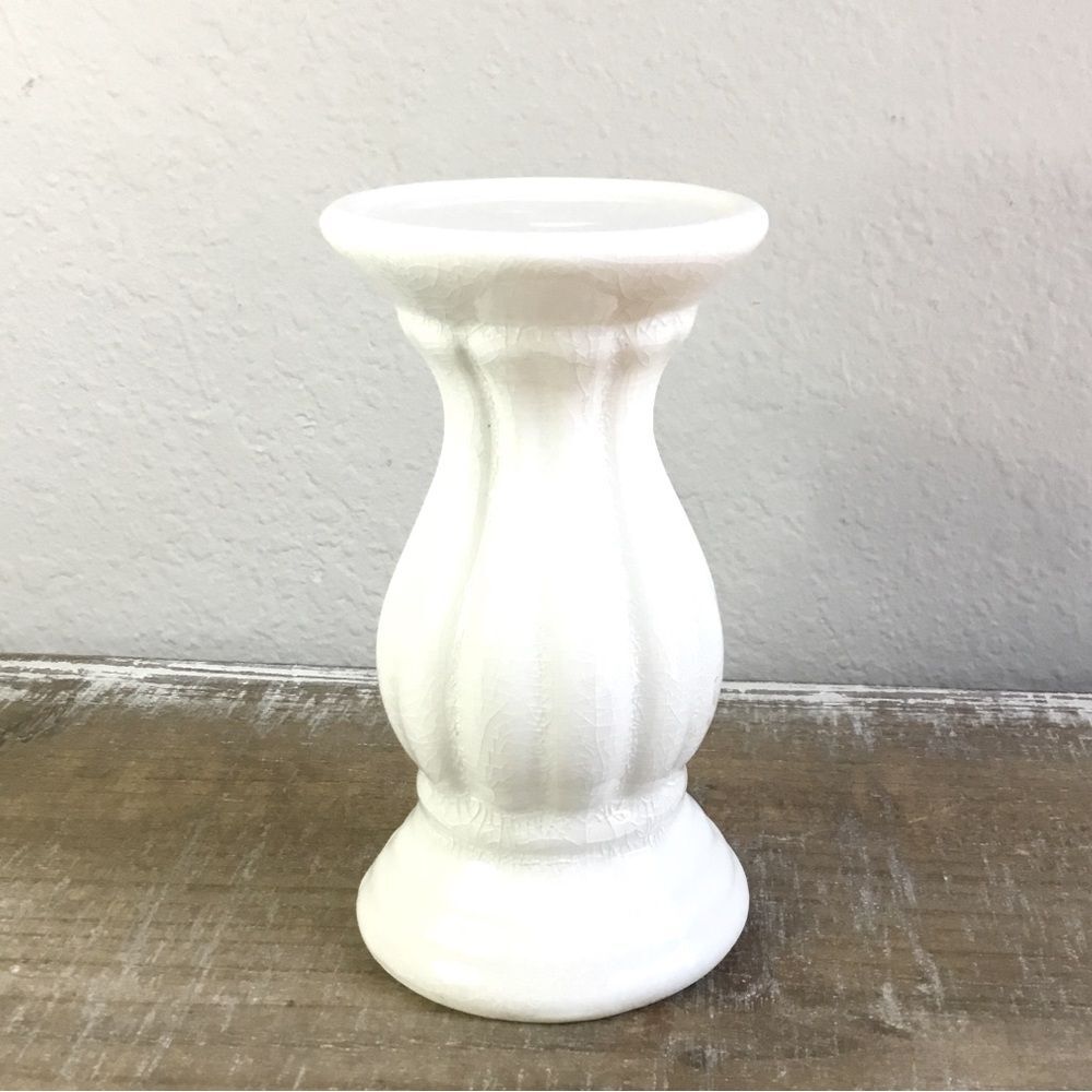White ceramic fluted candle stand riser decor crazing classic style 6"